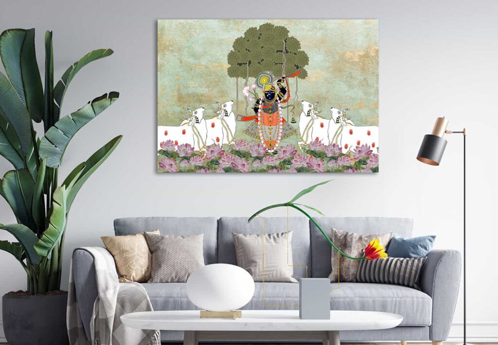 Cow-themed Pichwai wallpaper symbolising devotion and harmony in Indian traditional art