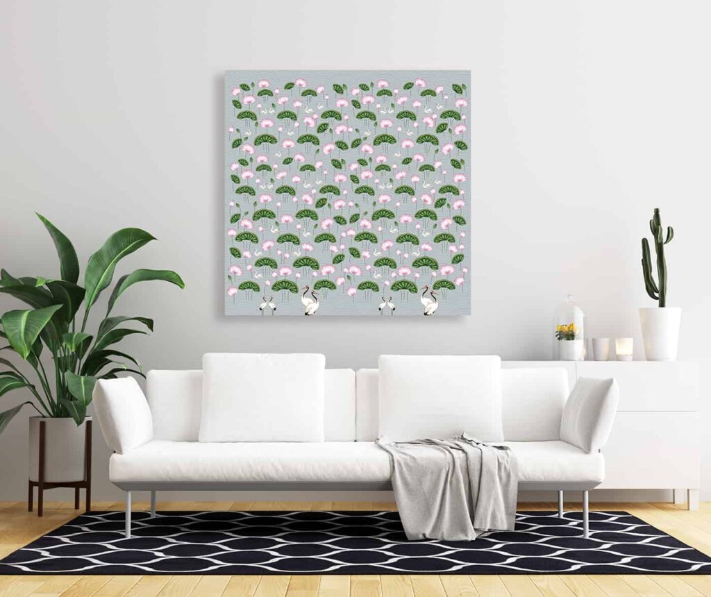 Elegant Pichwai Kamal Talai wallpaper showcasing lotus flowers floating in a calm pond
