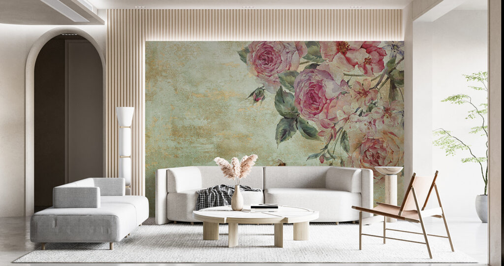 Modern neutral-toned living room wallpaper design by WallCurry with minimalist furniture and textured wall backdrop