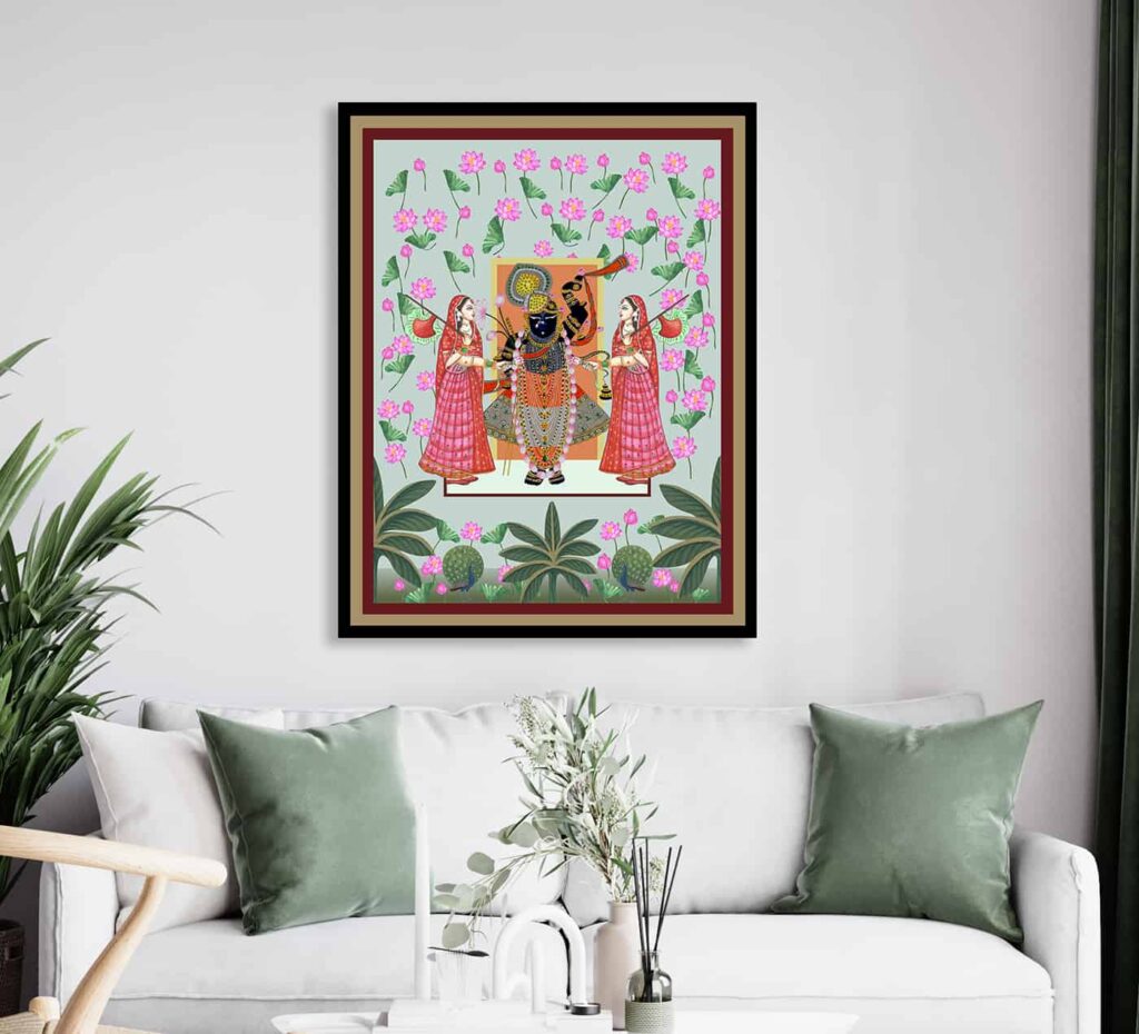 Pichwai art wallpaper featuring Lord Krishna in Durbar Darshan surrounded by blooming lotuses