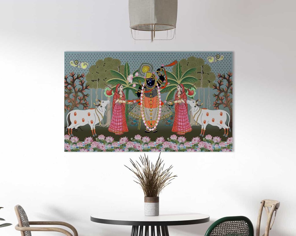 Pichwai art wallpaper featuring Lord Krishna in Durbar Darshan surrounded by blooming lotuses