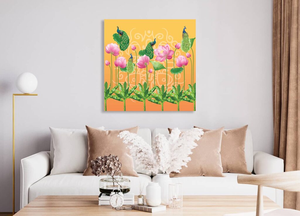 Pichwai art wallpaper with majestic peacocks on blooming lotus flowers inspired by Indian heritage