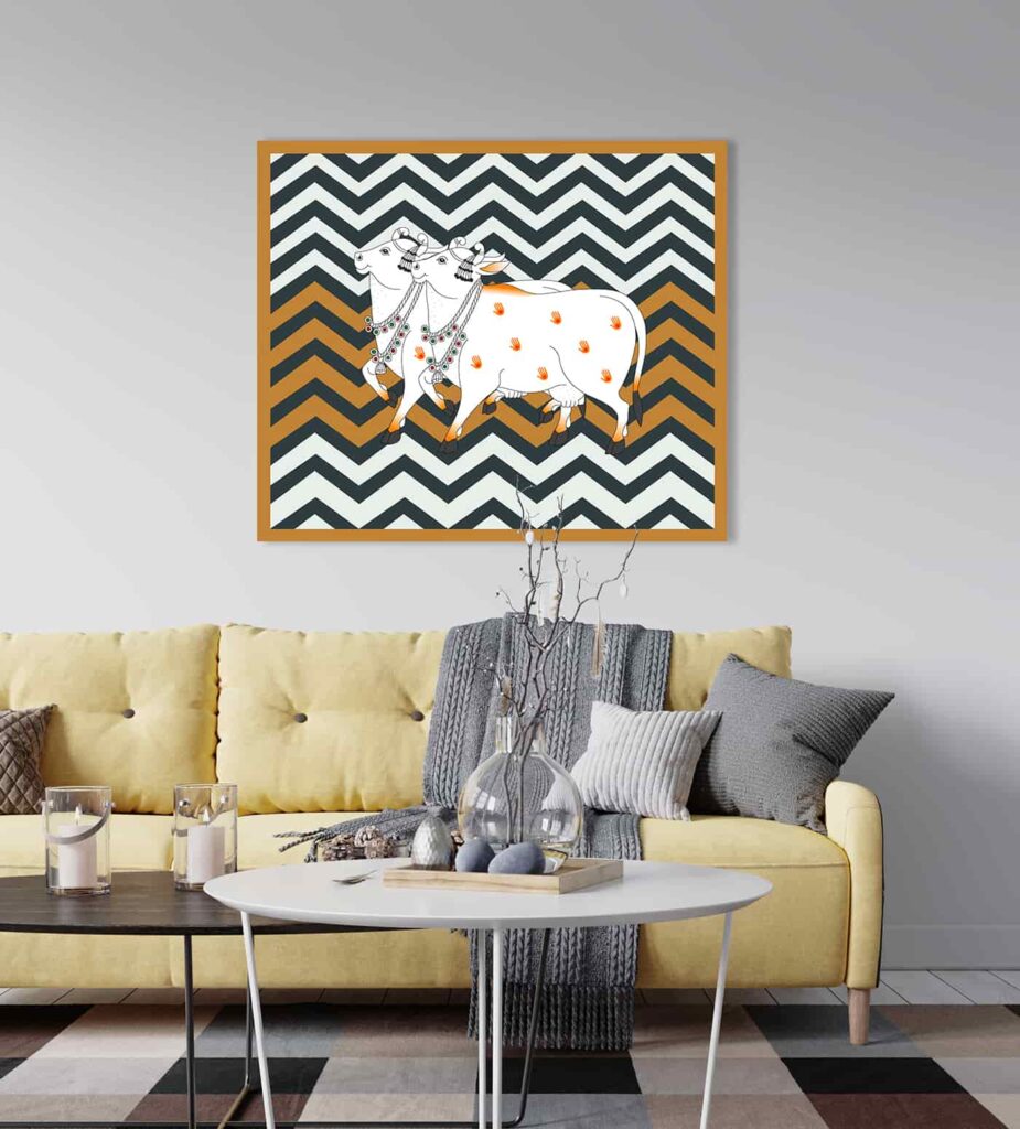 Traditional Pichwai wallpaper featuring sacred cows reflecting Krishna-centric Indian art