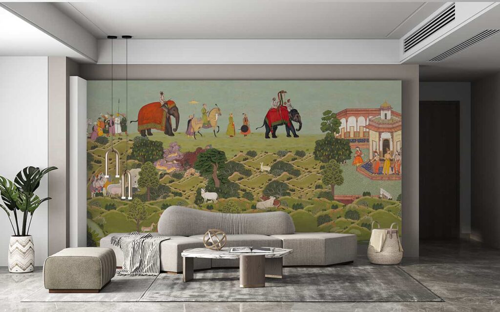 Traditional Pichwai wallpaper showing royal procession and palace landscape adding cultural elegance to living room décor