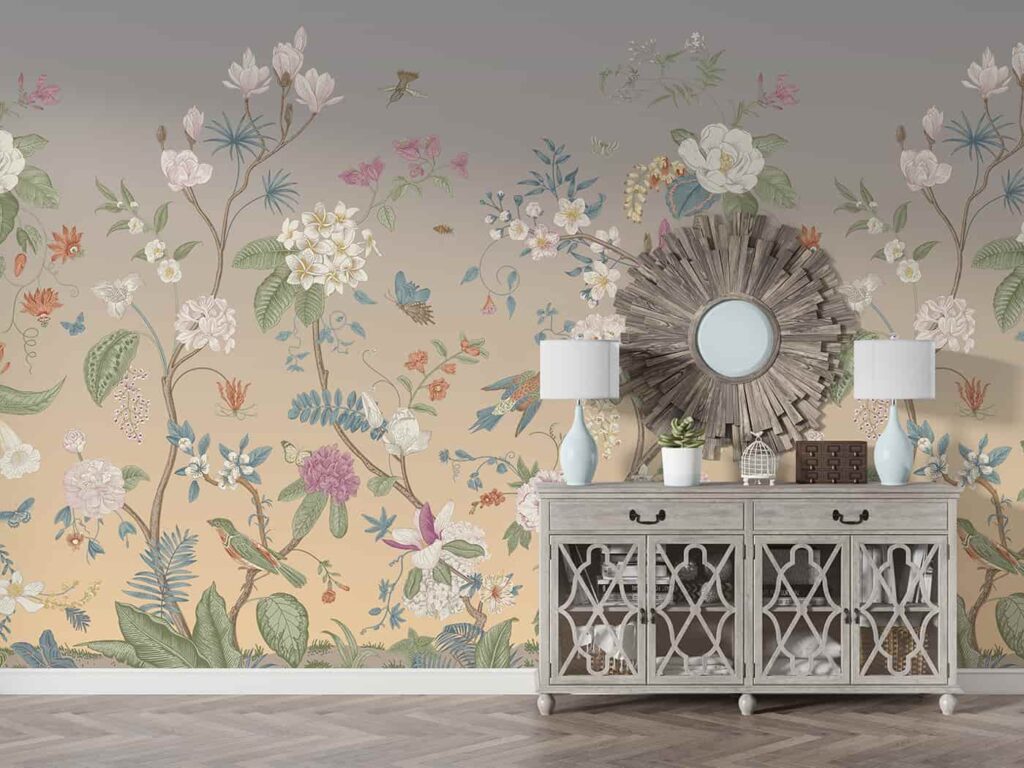 Vintage floral Chinoiserie wallpaper by WallCurry adding classic charm to living room interiors