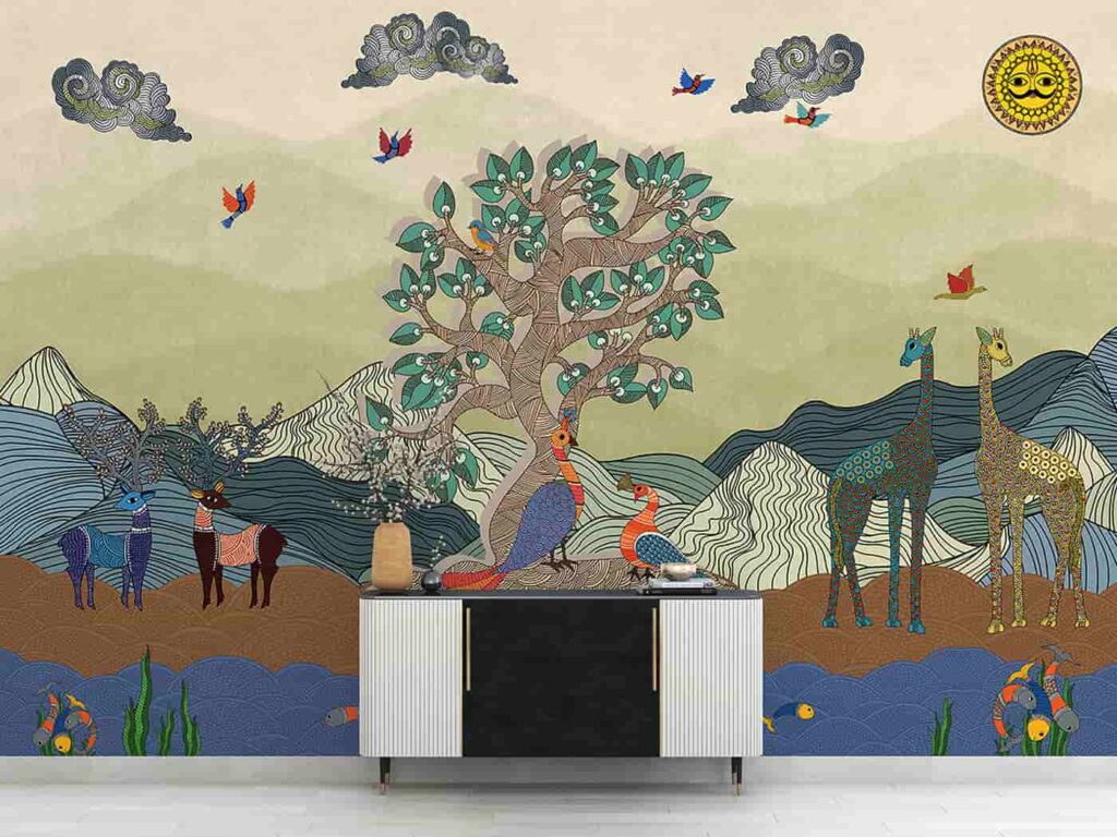 Bricked artistic cityscape wallpaper by WallCurry bringing an urban and contemporary look to living rooms