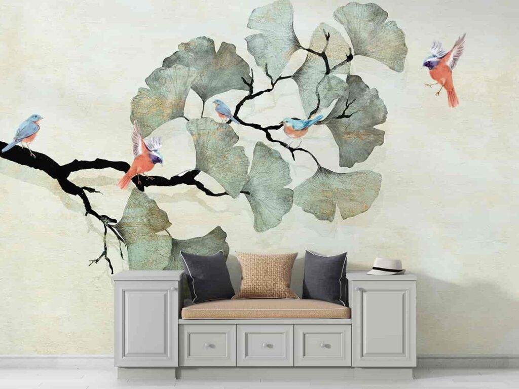 ginkgo leaves and birds wall mural