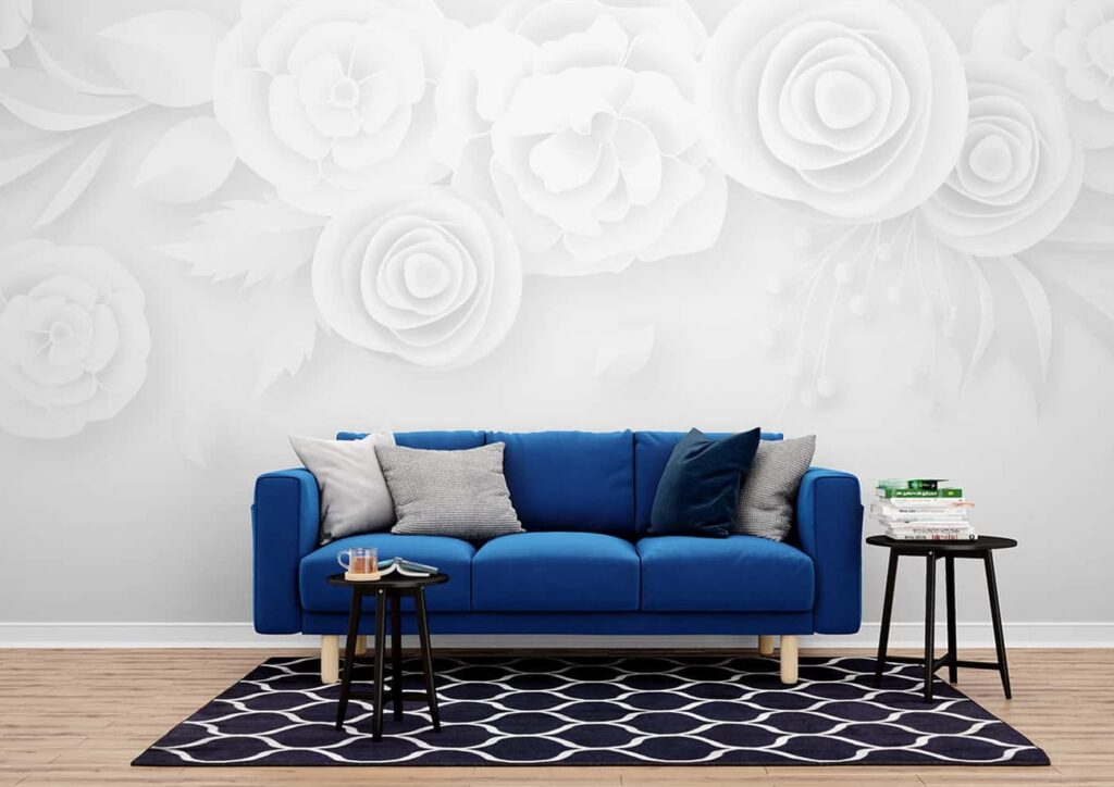 Modern living room sofa setup styled with premium WallCurry wallpaper for elegant home décor