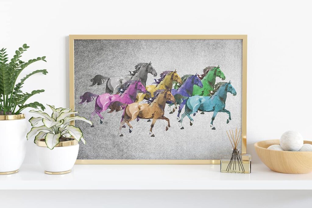Seven running horse painting by Wall Curry inspired by Vastu Shastra, symbolizing success, speed, and prosperity for home interiors