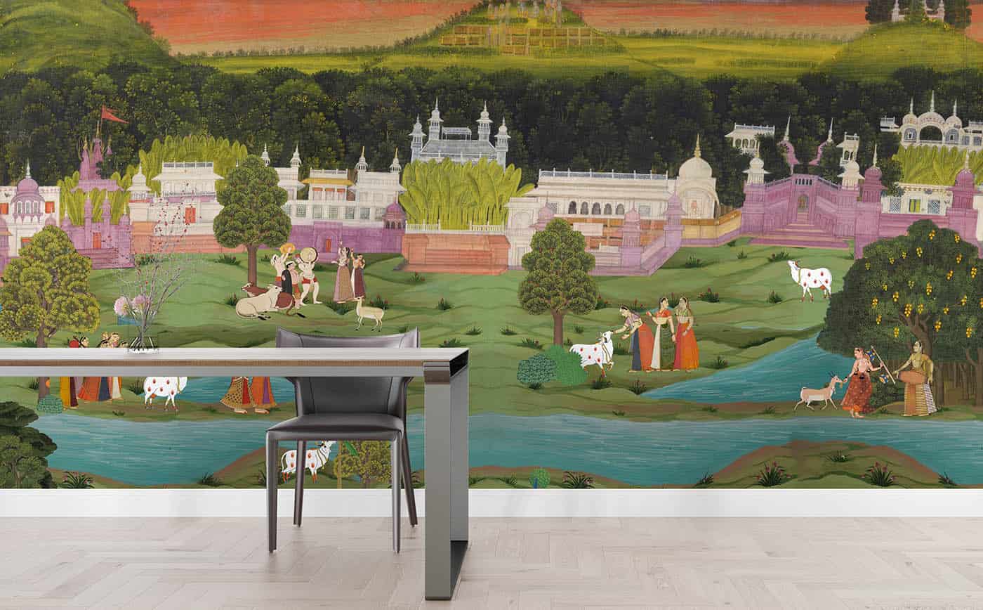 Vrindavan-inspired Pichwai wallpaper illustrating Krishna’s divine land in a detailed mural