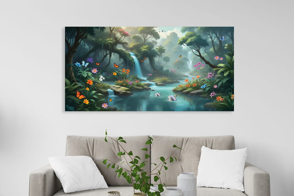 Waterfall painting from Wall Curry based on Vastu principles, representing wealth flow, calmness, and positive energy in home décor