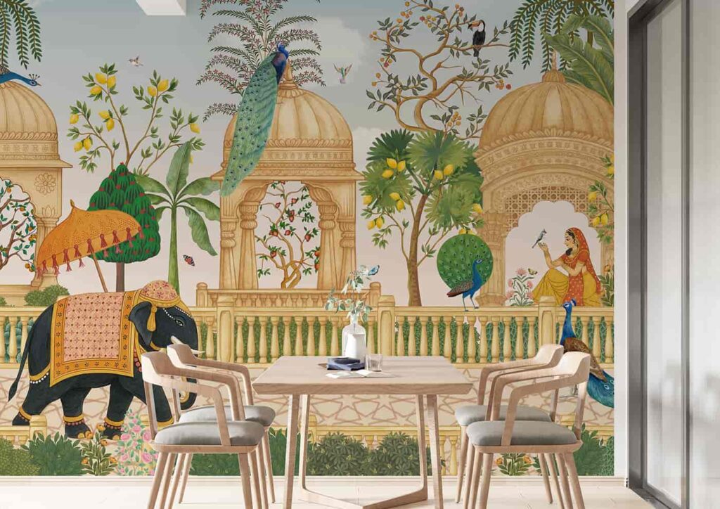 Indian Royal Palace Wallpaper-Elephant Peacock Garden Mural - WallCurry