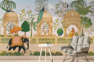 Indian Royal Palace Wallpaper-Elephant Peacock Garden Mural