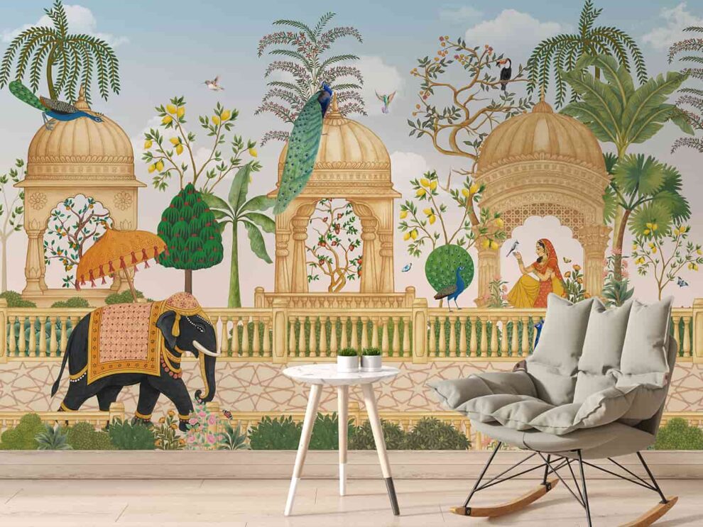 Indian Royal Palace Wallpaper-Elephant Peacock Garden Mural - WallCurry