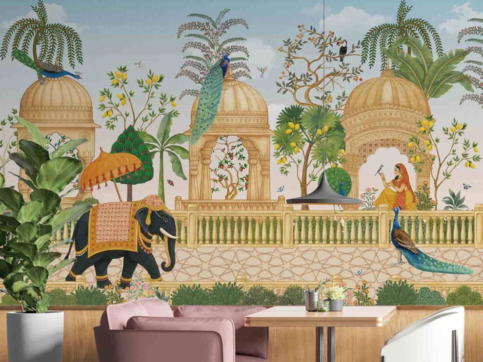 Indian Royal Palace Wallpaper-Elephant Peacock Garden Mural - WallCurry